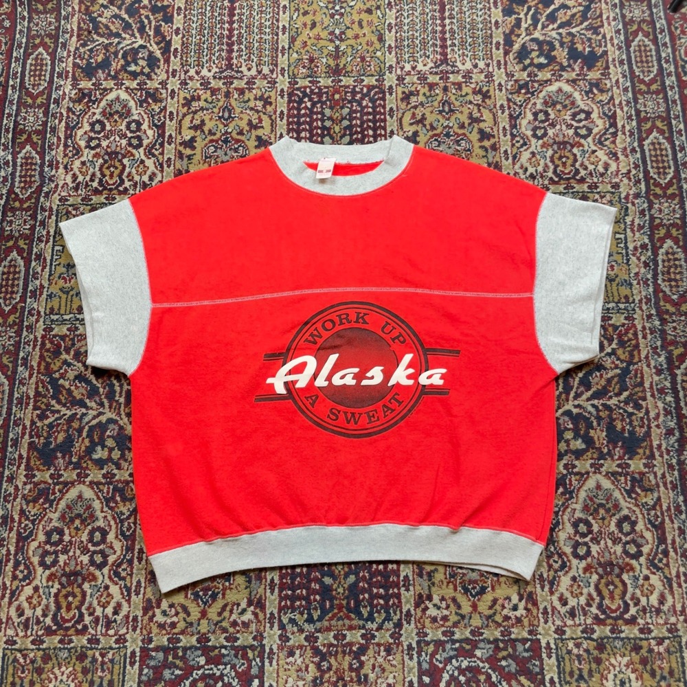 VTG 80s Cotton House Alaska Gym Cap Sleeve Sweatshirt Red Gray Two Tone XL USA
